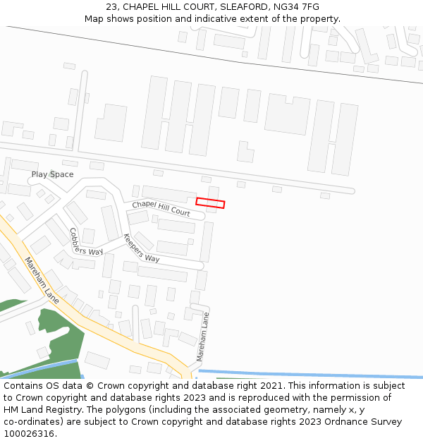 23, CHAPEL HILL COURT, SLEAFORD, NG34 7FG: Location map and indicative extent of plot