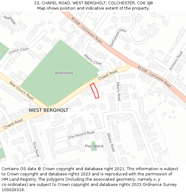 23, CHAPEL ROAD, WEST BERGHOLT, COLCHESTER, CO6 3JB: Location map and indicative extent of plot