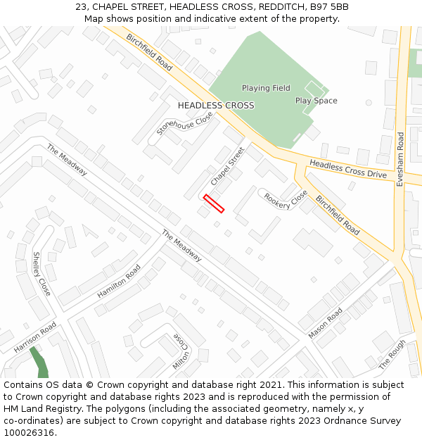 23, CHAPEL STREET, HEADLESS CROSS, REDDITCH, B97 5BB: Location map and indicative extent of plot