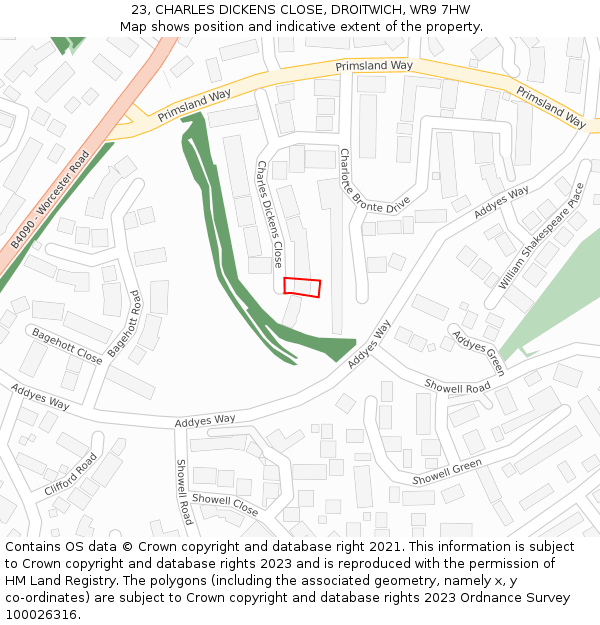 23, CHARLES DICKENS CLOSE, DROITWICH, WR9 7HW: Location map and indicative extent of plot