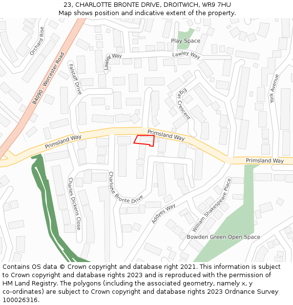 23, CHARLOTTE BRONTE DRIVE, DROITWICH, WR9 7HU: Location map and indicative extent of plot