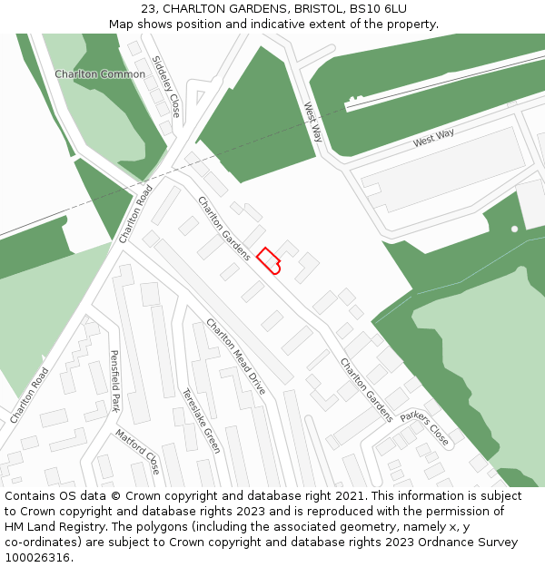 23, CHARLTON GARDENS, BRISTOL, BS10 6LU: Location map and indicative extent of plot