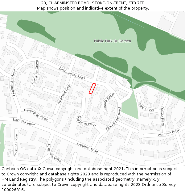 23, CHARMINSTER ROAD, STOKE-ON-TRENT, ST3 7TB: Location map and indicative extent of plot