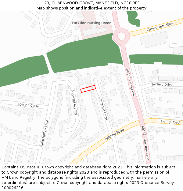 23, CHARNWOOD GROVE, MANSFIELD, NG18 3EF: Location map and indicative extent of plot