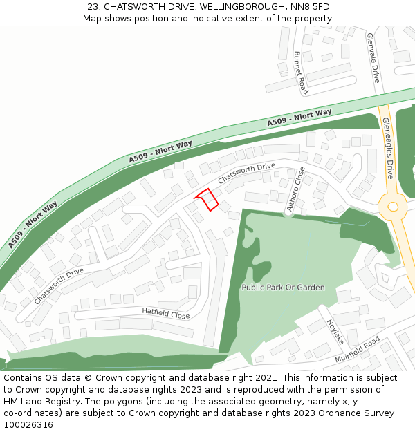 23, CHATSWORTH DRIVE, WELLINGBOROUGH, NN8 5FD: Location map and indicative extent of plot