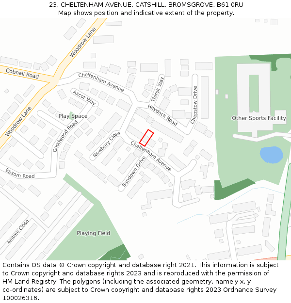 23, CHELTENHAM AVENUE, CATSHILL, BROMSGROVE, B61 0RU: Location map and indicative extent of plot