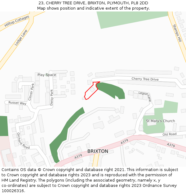 23, CHERRY TREE DRIVE, BRIXTON, PLYMOUTH, PL8 2DD: Location map and indicative extent of plot