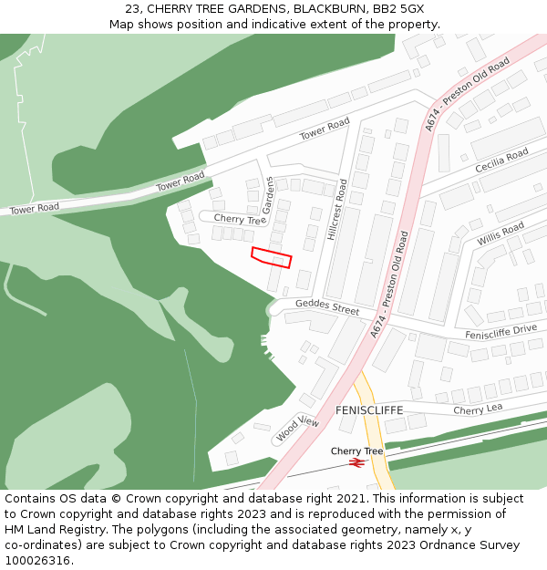 23, CHERRY TREE GARDENS, BLACKBURN, BB2 5GX: Location map and indicative extent of plot