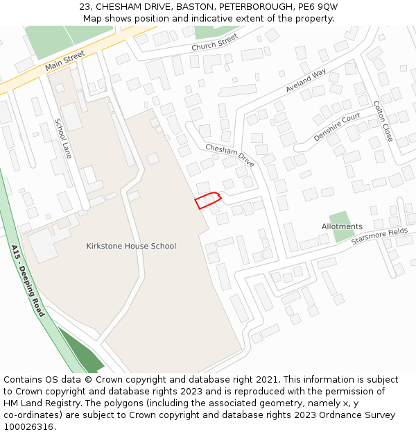 23, CHESHAM DRIVE, BASTON, PETERBOROUGH, PE6 9QW: Location map and indicative extent of plot