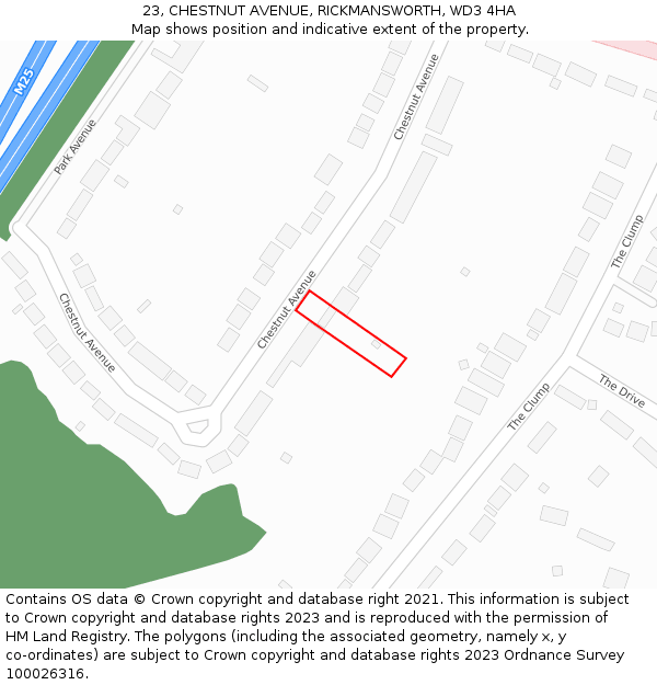 23, CHESTNUT AVENUE, RICKMANSWORTH, WD3 4HA: Location map and indicative extent of plot