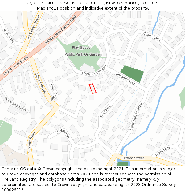 23, CHESTNUT CRESCENT, CHUDLEIGH, NEWTON ABBOT, TQ13 0PT: Location map and indicative extent of plot