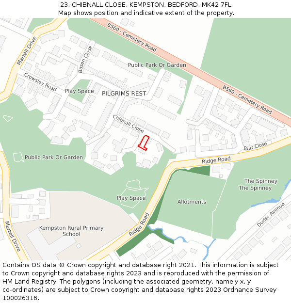 23, CHIBNALL CLOSE, KEMPSTON, BEDFORD, MK42 7FL: Location map and indicative extent of plot