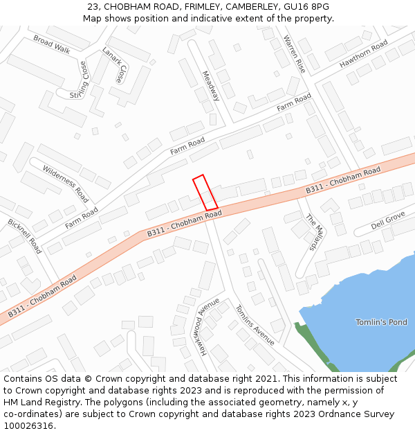 23, CHOBHAM ROAD, FRIMLEY, CAMBERLEY, GU16 8PG: Location map and indicative extent of plot