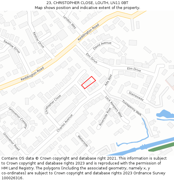 23, CHRISTOPHER CLOSE, LOUTH, LN11 0BT: Location map and indicative extent of plot