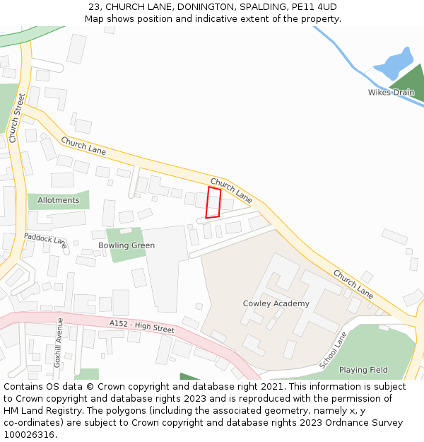 23, CHURCH LANE, DONINGTON, SPALDING, PE11 4UD: Location map and indicative extent of plot