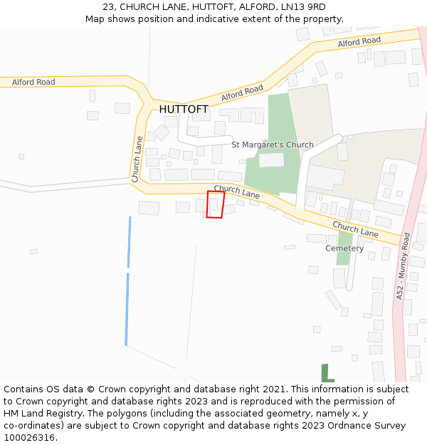 23, CHURCH LANE, HUTTOFT, ALFORD, LN13 9RD: Location map and indicative extent of plot