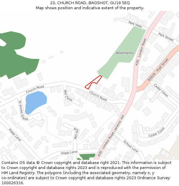 23, CHURCH ROAD, BAGSHOT, GU19 5EQ: Location map and indicative extent of plot