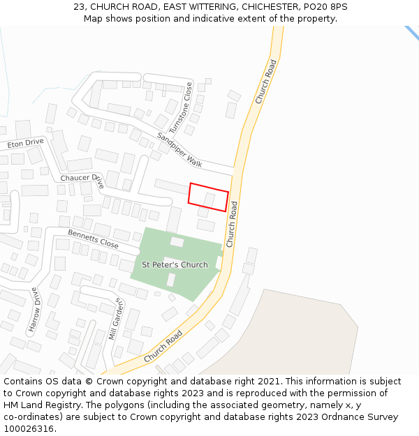 23, CHURCH ROAD, EAST WITTERING, CHICHESTER, PO20 8PS: Location map and indicative extent of plot