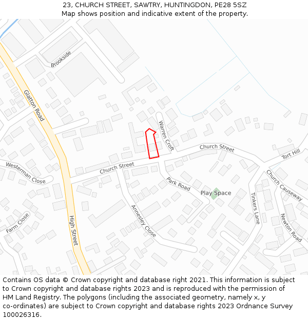 23, CHURCH STREET, SAWTRY, HUNTINGDON, PE28 5SZ: Location map and indicative extent of plot