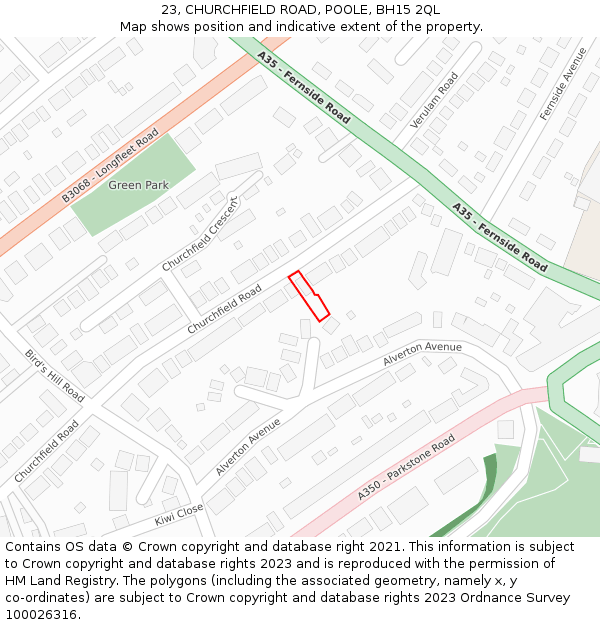 23, CHURCHFIELD ROAD, POOLE, BH15 2QL: Location map and indicative extent of plot