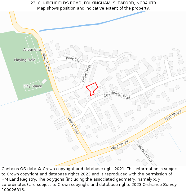 23, CHURCHFIELDS ROAD, FOLKINGHAM, SLEAFORD, NG34 0TR: Location map and indicative extent of plot