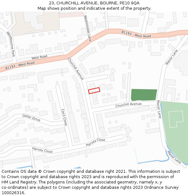 23, CHURCHILL AVENUE, BOURNE, PE10 9QA: Location map and indicative extent of plot