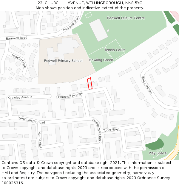 23, CHURCHILL AVENUE, WELLINGBOROUGH, NN8 5YG: Location map and indicative extent of plot