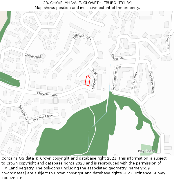 23, CHYVELAH VALE, GLOWETH, TRURO, TR1 3YJ: Location map and indicative extent of plot