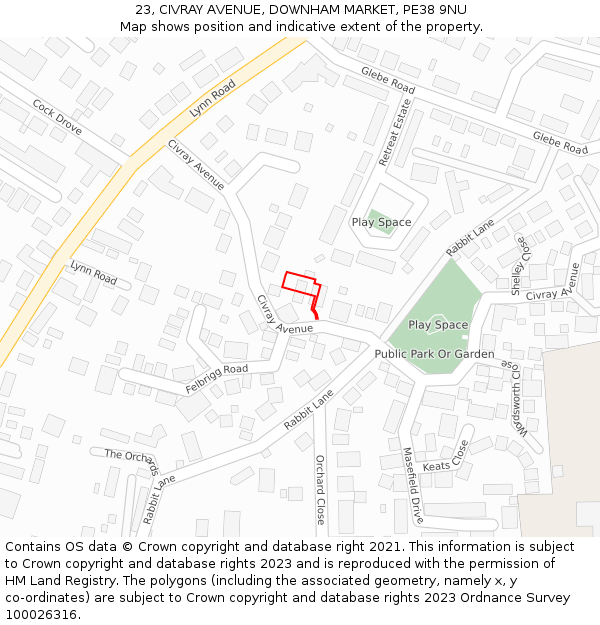 23, CIVRAY AVENUE, DOWNHAM MARKET, PE38 9NU: Location map and indicative extent of plot