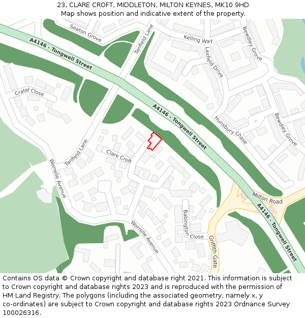 23, CLARE CROFT, MIDDLETON, MILTON KEYNES, MK10 9HD: Location map and indicative extent of plot