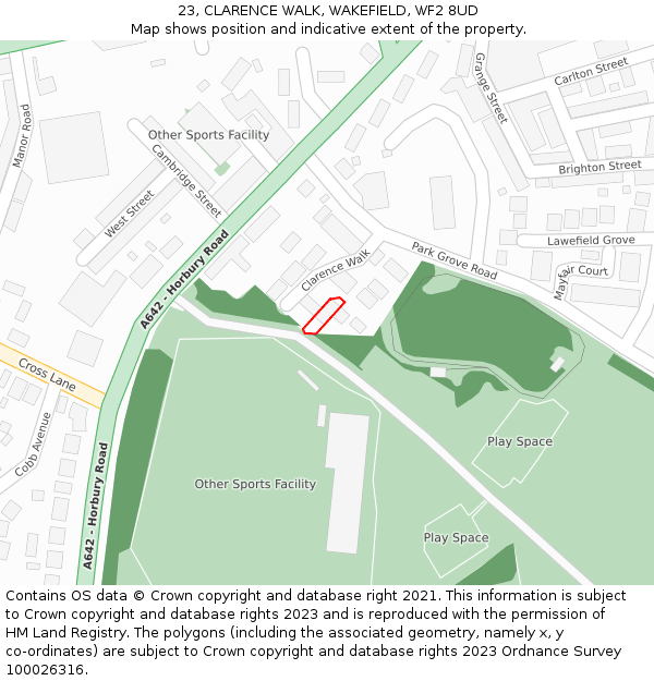 23, CLARENCE WALK, WAKEFIELD, WF2 8UD: Location map and indicative extent of plot