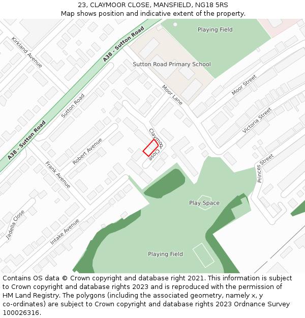 23, CLAYMOOR CLOSE, MANSFIELD, NG18 5RS: Location map and indicative extent of plot