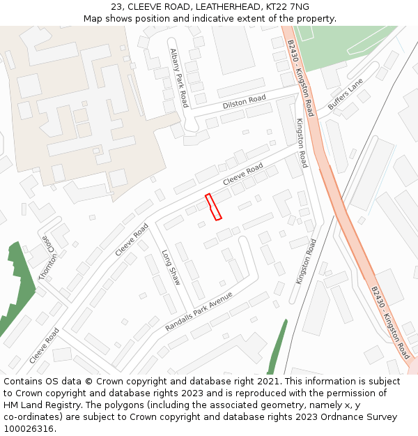 23, CLEEVE ROAD, LEATHERHEAD, KT22 7NG: Location map and indicative extent of plot