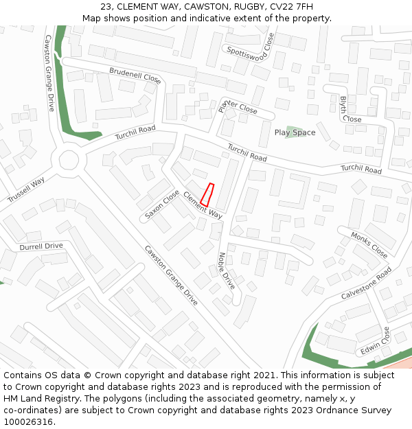 23, CLEMENT WAY, CAWSTON, RUGBY, CV22 7FH: Location map and indicative extent of plot
