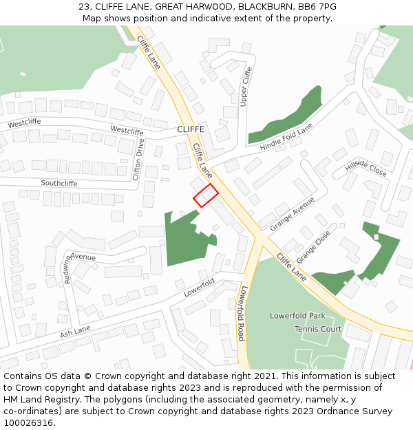 23, CLIFFE LANE, GREAT HARWOOD, BLACKBURN, BB6 7PG: Location map and indicative extent of plot