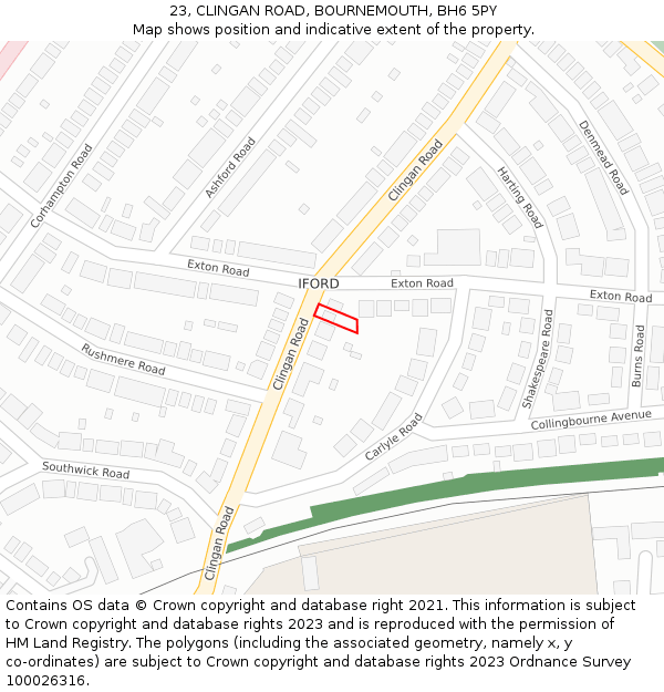 23, CLINGAN ROAD, BOURNEMOUTH, BH6 5PY: Location map and indicative extent of plot