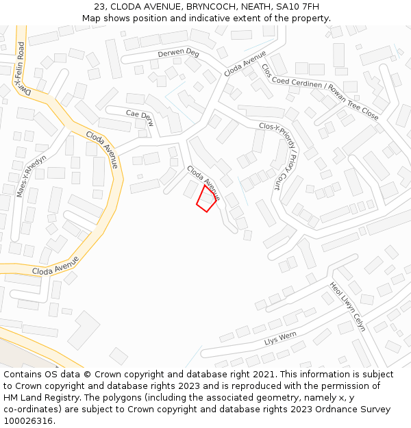 23, CLODA AVENUE, BRYNCOCH, NEATH, SA10 7FH: Location map and indicative extent of plot
