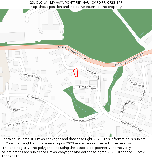 23, CLONAKILTY WAY, PONTPRENNAU, CARDIFF, CF23 8PR: Location map and indicative extent of plot