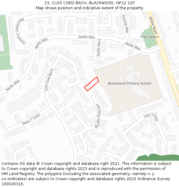 23, CLOS COED BACH, BLACKWOOD, NP12 1GT: Location map and indicative extent of plot