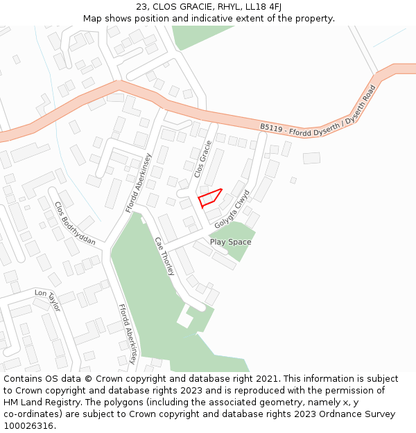 23, CLOS GRACIE, RHYL, LL18 4FJ: Location map and indicative extent of plot