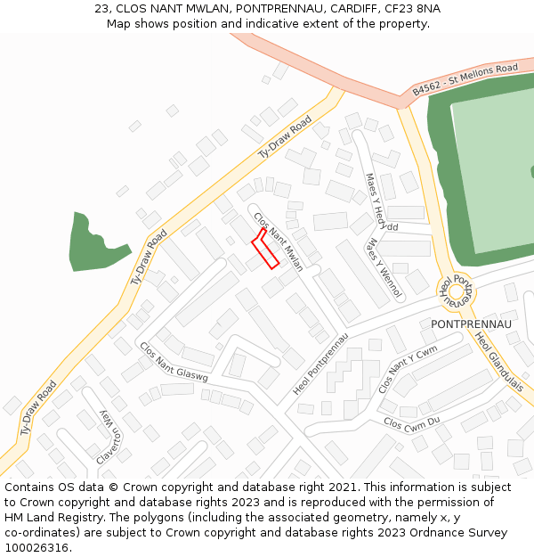 23, CLOS NANT MWLAN, PONTPRENNAU, CARDIFF, CF23 8NA: Location map and indicative extent of plot