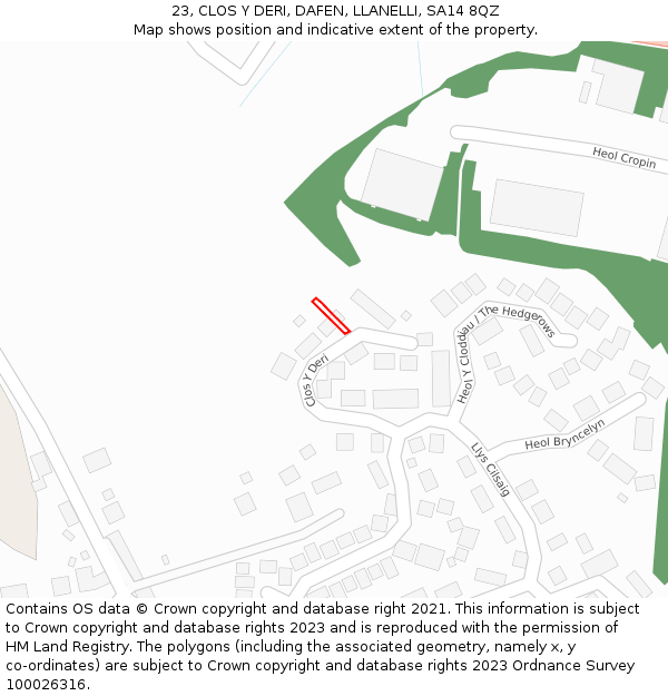 23, CLOS Y DERI, DAFEN, LLANELLI, SA14 8QZ: Location map and indicative extent of plot