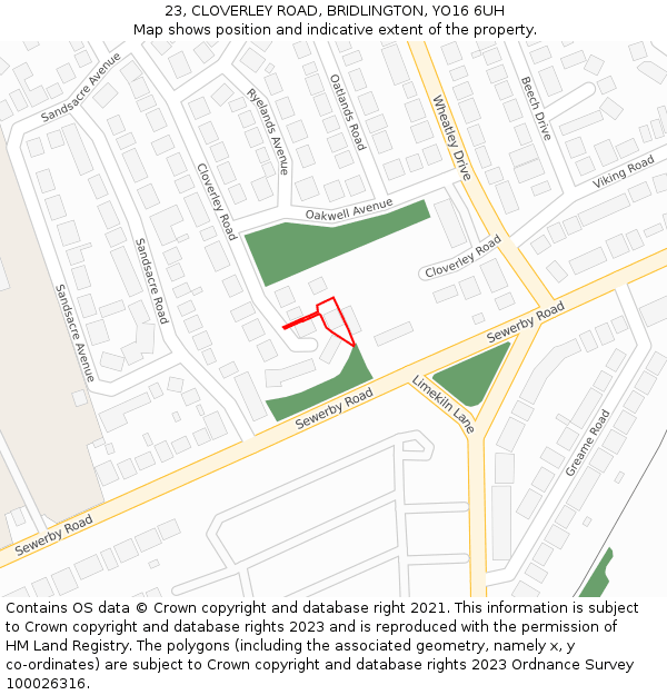 23, CLOVERLEY ROAD, BRIDLINGTON, YO16 6UH: Location map and indicative extent of plot