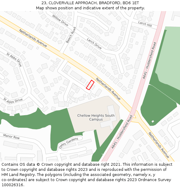 23, CLOVERVILLE APPROACH, BRADFORD, BD6 1ET: Location map and indicative extent of plot