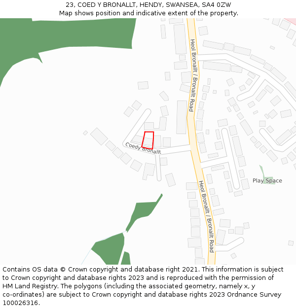 23, COED Y BRONALLT, HENDY, SWANSEA, SA4 0ZW: Location map and indicative extent of plot