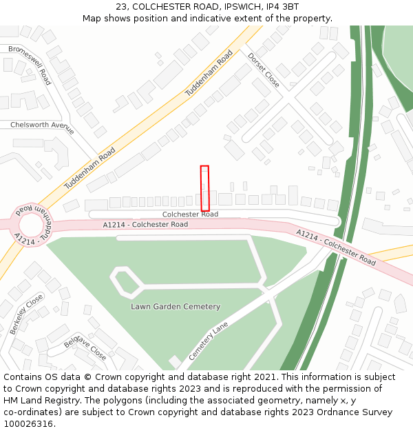 23, COLCHESTER ROAD, IPSWICH, IP4 3BT: Location map and indicative extent of plot