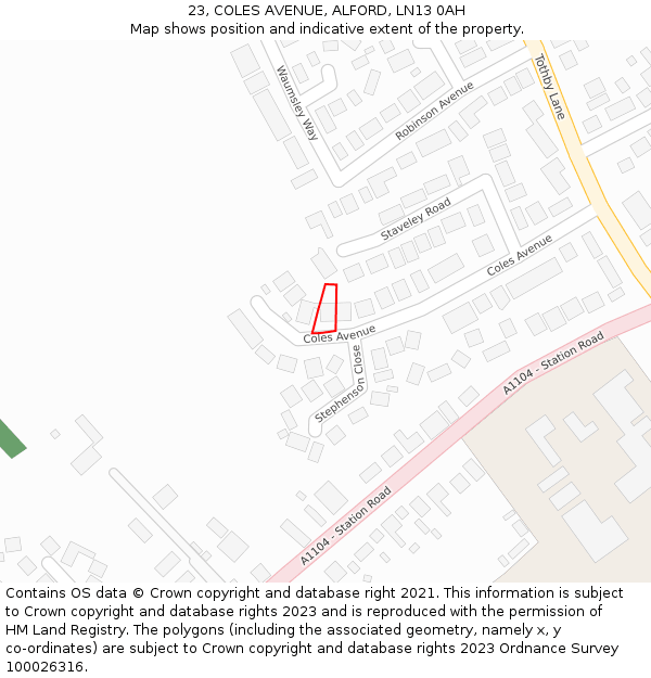 23, COLES AVENUE, ALFORD, LN13 0AH: Location map and indicative extent of plot