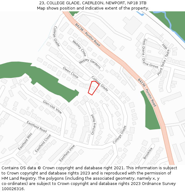 23, COLLEGE GLADE, CAERLEON, NEWPORT, NP18 3TB: Location map and indicative extent of plot
