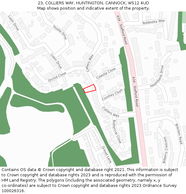 23, COLLIERS WAY, HUNTINGTON, CANNOCK, WS12 4UD: Location map and indicative extent of plot