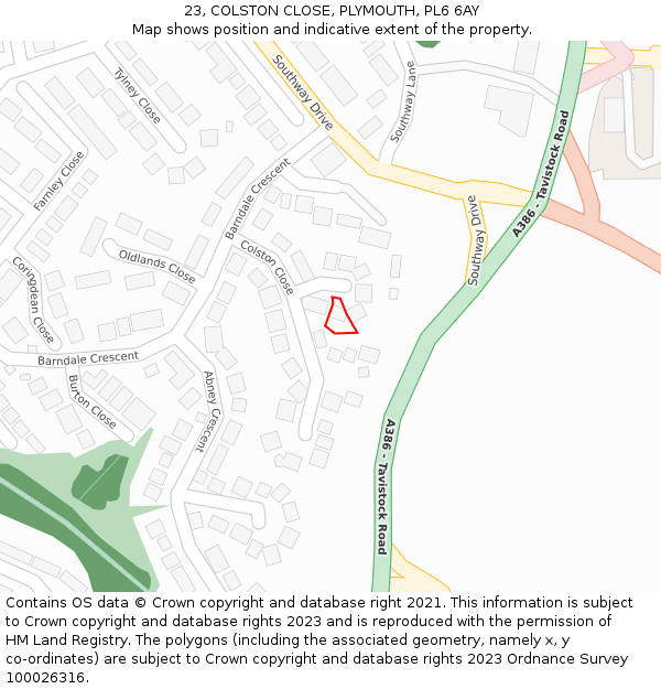 23, COLSTON CLOSE, PLYMOUTH, PL6 6AY: Location map and indicative extent of plot